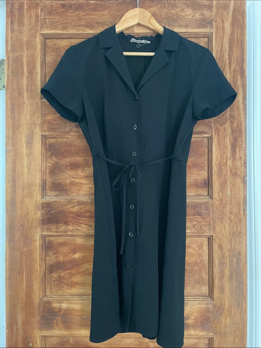 Everlane black mini dress with collar and lace tie